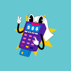 Payment Terminal Joy: An illustrative charming payment terminal, exuding joy, victory gesture, with dollar signs over a light blue backdrop with retro design.