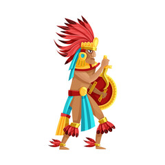 Aztec Warrior Illustration: A striking illustration of an Aztec warrior in full regalia, meticulously detailed and vibrant, holding a shield and ready for battle.