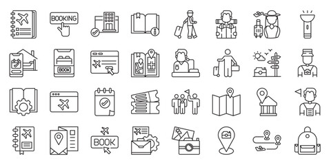 Scenic Road Trip Destinations set of web icons in line style. scenic road trip destinations, road trip map, scenic route and road trip stop. Vector illustration