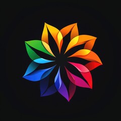 Fototapeta premium Colorful, symmetrical floral design. Multi-hued leaves radiate from a central point, creating a vibrant, wheel-like effect on a black background
