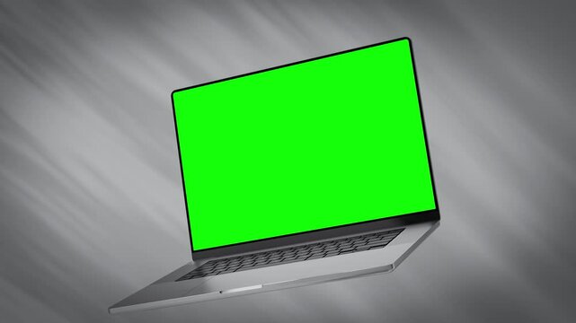 Modern laptop opens and begins to levitate in a minimal scene. Includes luma matte screen mask and tracked screen layer for easy customization. Ideal for UI or website promo videos.