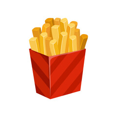 Crispy Delight: An eye-level illustration of golden-brown french fries in a red and white striped box, enticing with a simple yet vibrant representation of a favorite snack.