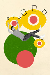 Collage of person standing under symbolic eye representing control surveillance spying manipulation...