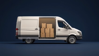 White delivery van, open back, loaded with cardboard boxes,  dark background