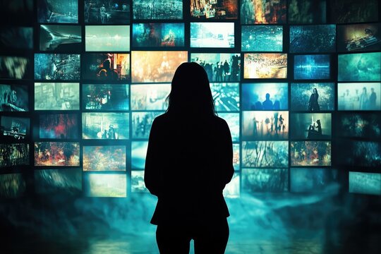 Silhouette of a woman facing a large wall of screens displaying various video content