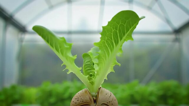 Lettuce sprout growing from nut in greenhouse