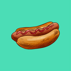 Hot Dog with Ketchup Illustration: A delicious-looking hot dog in a soft bun, topped with a generous swirl of ketchup. The illustration is done in a hand-drawn style.