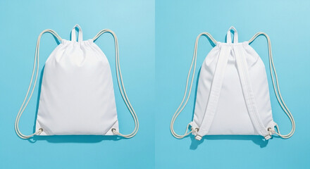 A clean split view mockup showcasing a plain white drawstring backpack on a vibrant turquoise background featuring front and back views  lightweight design 
