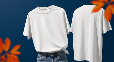 Two blank white short sleeve t shirts on royal blue background with blurred orange autumn leaves casual fall fashion look