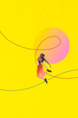 Template poster trend 3D photo collage of line abstract copyspace young woman jump sport...
