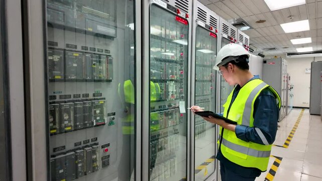 Engineer wearing safety helmet and reflective vest performs substation inspection using tablet ensuring relay protection and control system maintenance with safety compliance in electrical environment