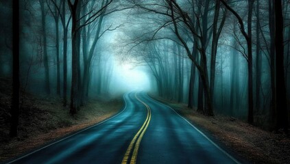 Winding road through a misty, dark forest.  A teal-toned,  fog-filled roadway leads into a tunnel of trees