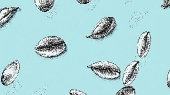 Simple hand-drawn illustration of delicate dandelion seeds floating and drifting on the wind against a light blue background.

