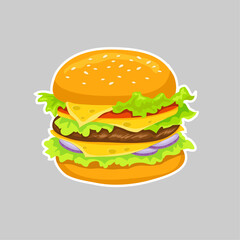 Delectable Burger Delight: A mouthwatering hamburger, with sesame seed bun, juicy patty, fresh lettuce, ripe tomato, creamy cheese, and sliced onion.