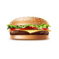Delicious Burger: A tempting image of a classic burger. The fresh ingredients, including juicy patty, crisp lettuce, ripe tomatoes, and melted cheese, are perfectly layered within a soft sesame bun.