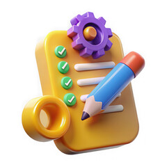 3d checklist with pencil and gear isolated on transparent background