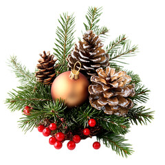 Festive christmas arrangement with frosted pine branches pinecones red berries and a golden bauble isolated on transparent background