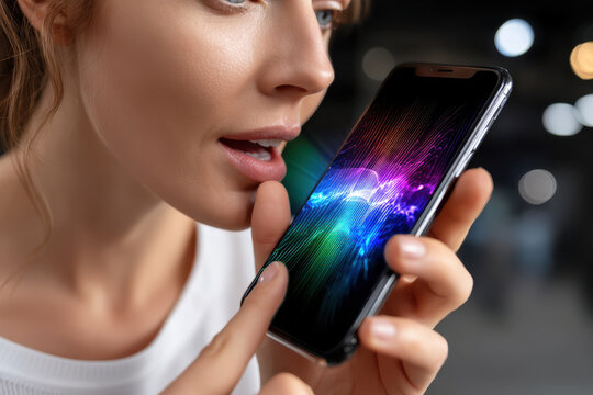 Young woman speaking into smartphone at modern indoor location with colorful display