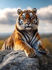 A tiger rests on a rock, bathed in soft sunlight