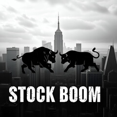 Urban Skyline  bold monochrome scheme style with bull & bear icon for poster infographic