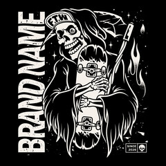 Grim Reaper holding a skateboard. Perfect for creating unique t-shirts, skate deck graphics, and edgy logos