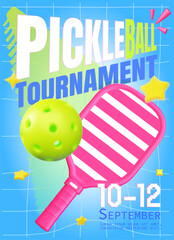 Modern 3D vector illustration of a pickleball tournament poster featuring a realistic pickleball paddle and ball with dynamic stars on a bright background. Perfect for sports event banners, flyers.