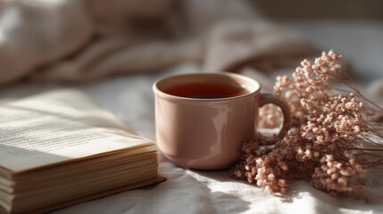 cozy cafe corner with steaming cup of tea and open book creating serene atmosphere for galentines day