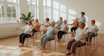 Senior women participating in chair yoga class with instructor in bright airy space studio setting