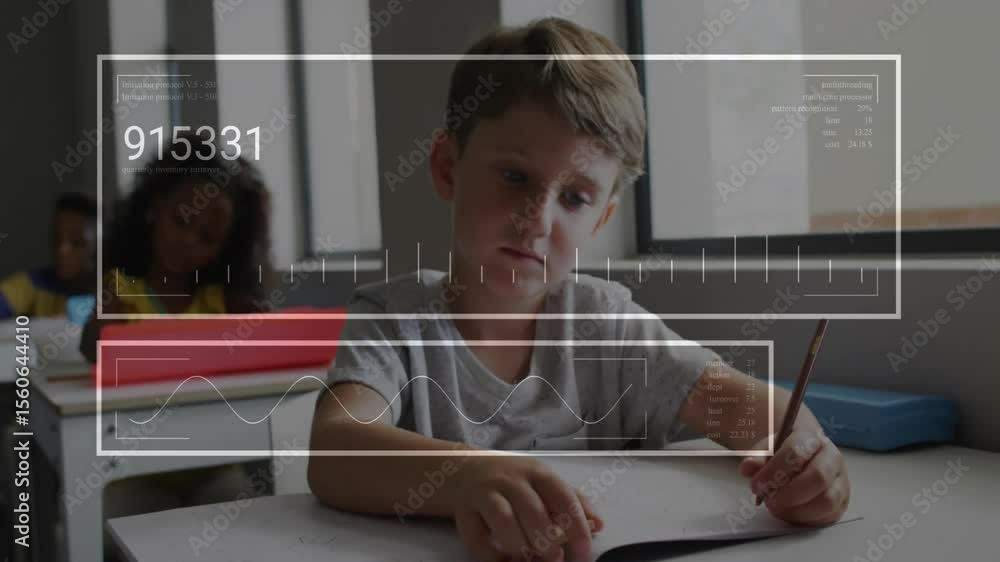 Aufkleber boy studying in classroom with animated hud appearing tracking numeric readouts while writing notes