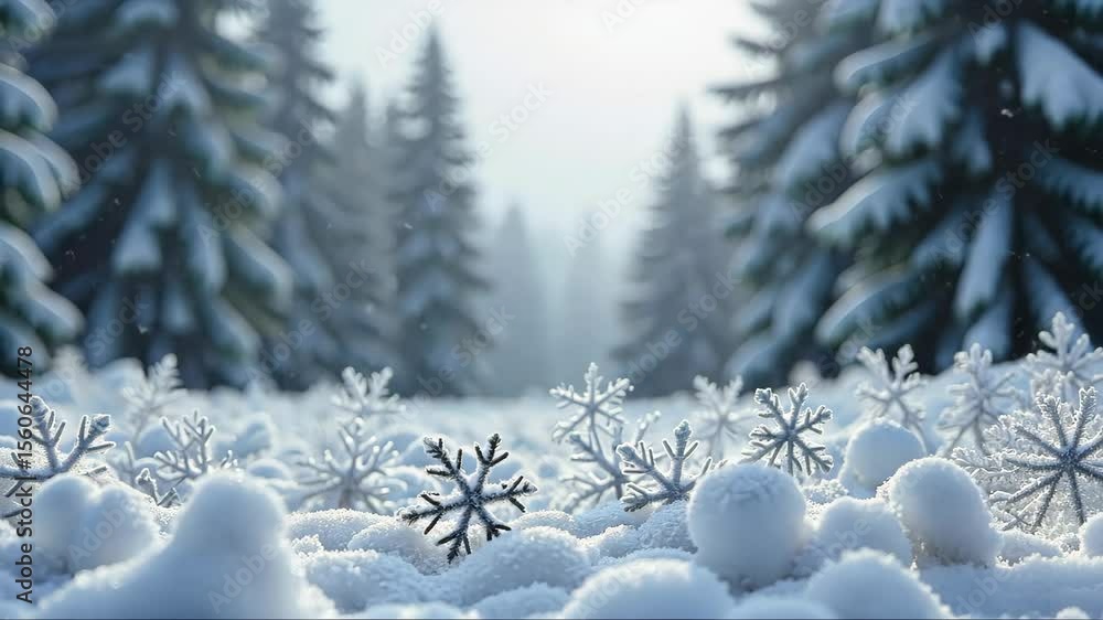 Poster macro snowflakes on fresh snow in a tranquil winter forest. peaceful snowy landscape with fir trees 
