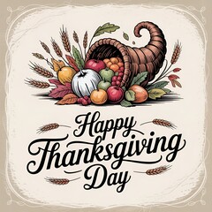 Happy Thanksgiving Day with autumn leaves. Hand drawn text lettering for Thanksgiving Day  
