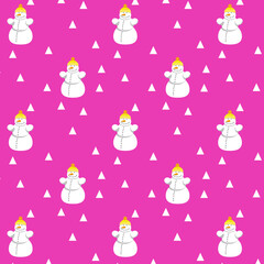 Snowman with a hat on his head. Christmas seamless background with a snowman complemented by white triangles. Repeating pattern. Christmas background. White snowman on a purple background.