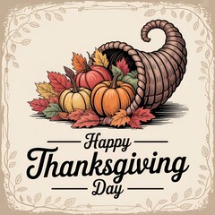 Happy Thanksgiving Day with autumn leaves. Hand drawn text lettering for Thanksgiving Day  
