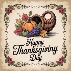 Happy Thanksgiving Day with autumn leaves. Hand drawn text lettering for Thanksgiving Day  
