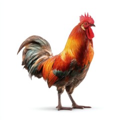 Fototapeta premium A vibrant colorful rooster with detailed plumage stands proudly isolated on a transparent background isolated on white background