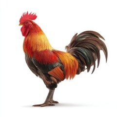 Fototapeta premium A vibrant rooster with striking red comb and colorful plumage standing proudly isolated on white background