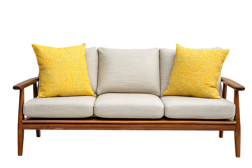 Modern mid century style sofa with yellow accent pillows isolated on transparent background