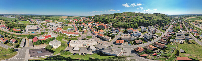 Aerial panoramic view town rolling hills countryside. Slovenia, Lendava.