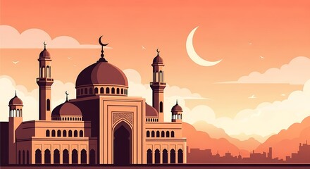 Silhouette of Grand Mosque at Sunset with Birds Flying &ndash; Peaceful Islamic Spiritual Landscape