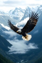An eagle soars in the valley, with soft sunlight filtering through the clouds