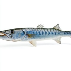 Naklejka premium Great barracuda with sharp teeth and distinctive markings isolated on white background