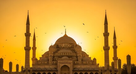 Obraz premium Silhouette of Grand Mosque at Sunset with Birds Flying – Peaceful Islamic Spiritual Landscape