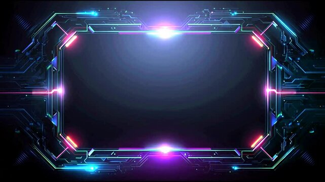 Vibrant neon tech frame transition with futuristic circuit design in three steps