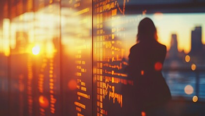 Silhouette of a woman, blurred, in front of a financial display wall at sunset