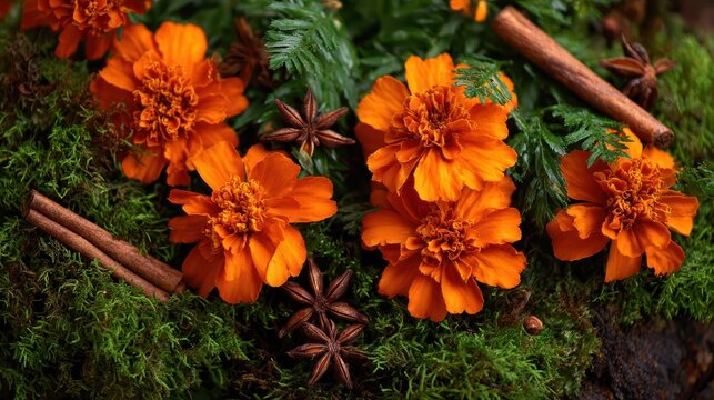 Bright orange marigolds in moss with cinnamon sticks and star anise for autumn mood