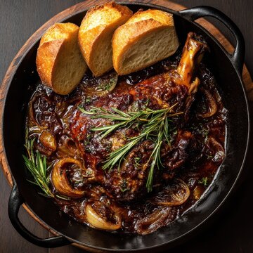 Braised lamb shank with caramelized onions, rosemary and rustic bread in cast iron pan