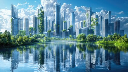 Obraz premium Futuristic cityscape with vertical gardens reflected in a calm lake. Lush greenery adorns skyscrapers, creating a sustainable urban landscape under a vibrant blue sky