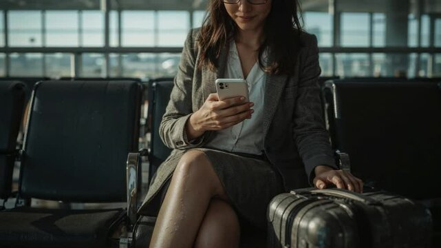 Traveling Businesswoman Checking Flight on Smartphone

