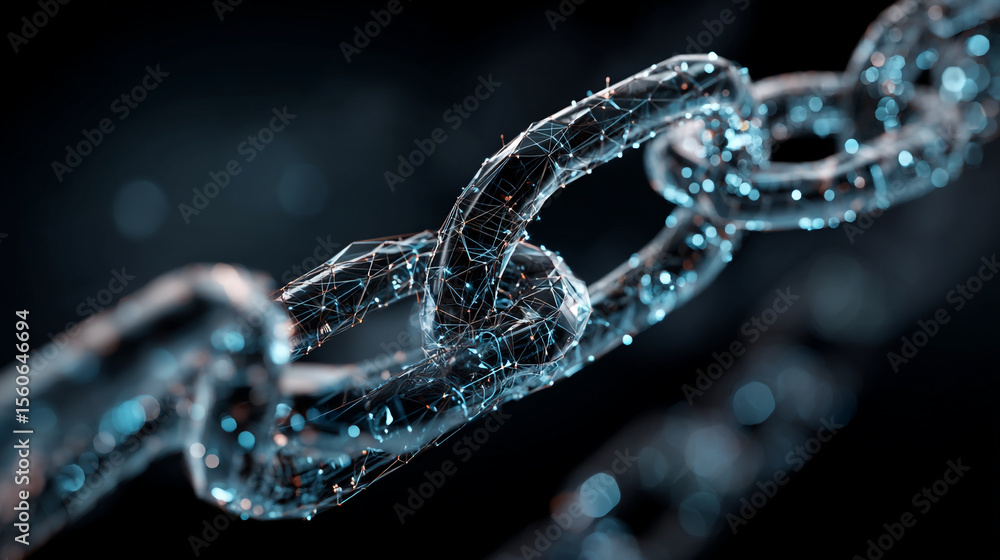 Poster close up view of a digital chain with glowing connections against a dark abstract background