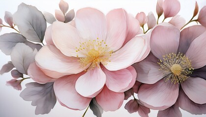 A close-up of a pale watercolor painting of a soft pink flower bloom, with delicate petals and yellow stamens, set against a light background. AI